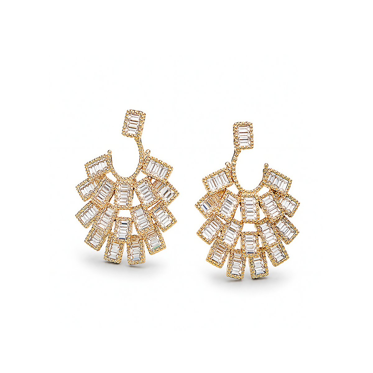 Gold-Plated Baguette Crystal Fan Statement Earrings