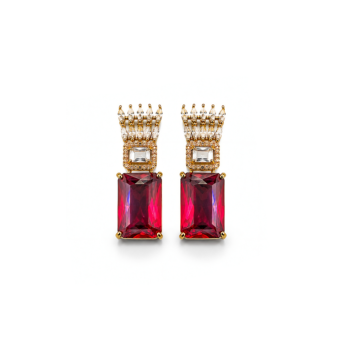 Crown and Emerald-Cut Ruby CZ Drop Earrings