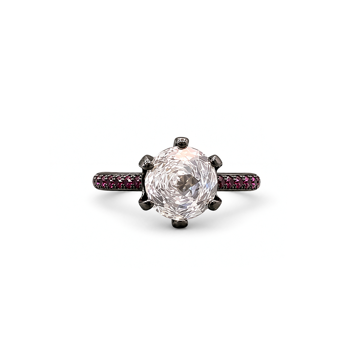 Black Rhodium-Plated Solitaire CZ Ring with Ruby Accent Stones