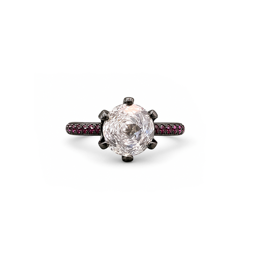 Black Rhodium-Plated Solitaire CZ Ring with Ruby Accent Stones