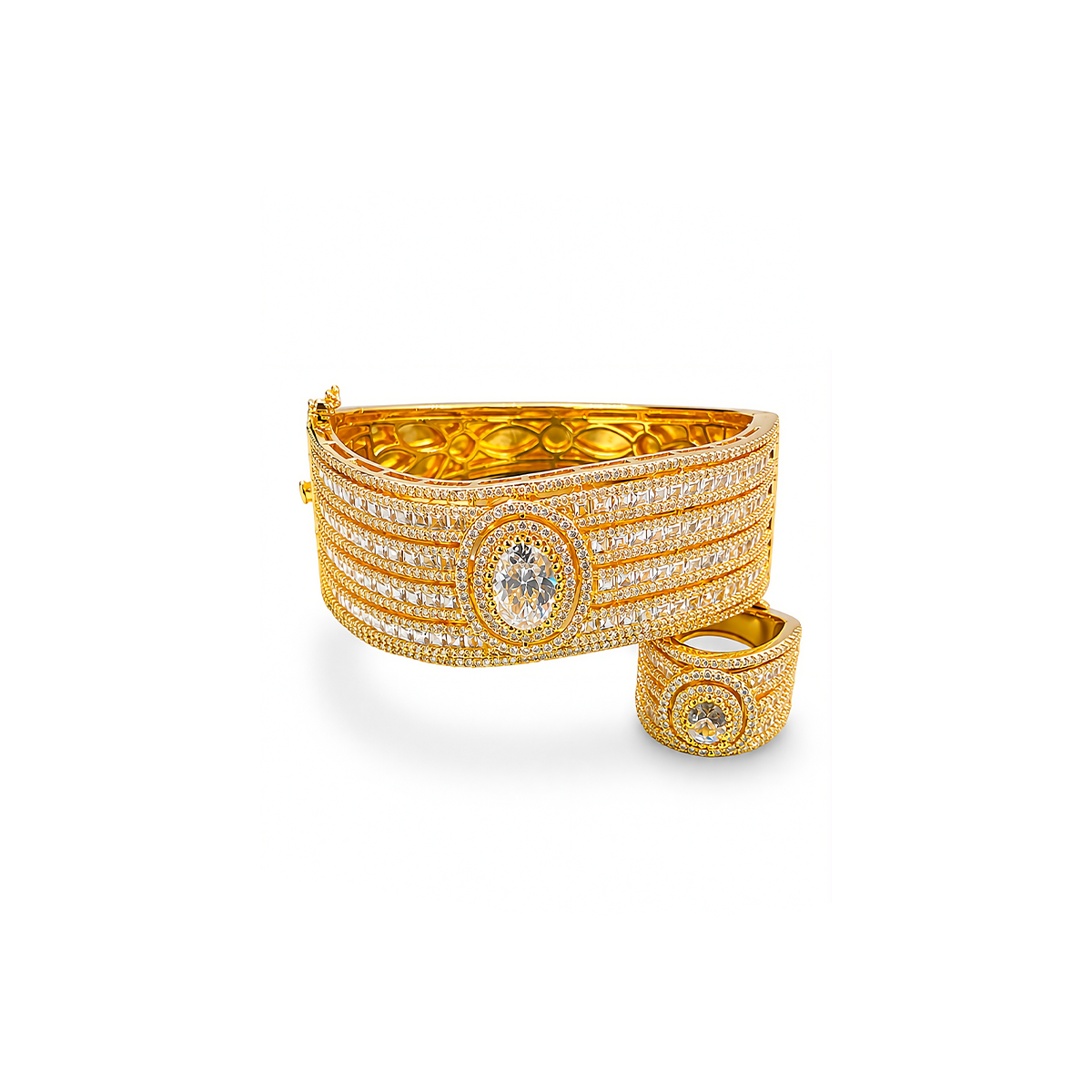 Gold-Plated Pave and Baguette CZ Multi-Row Cuff Bracelet and Ring Set
