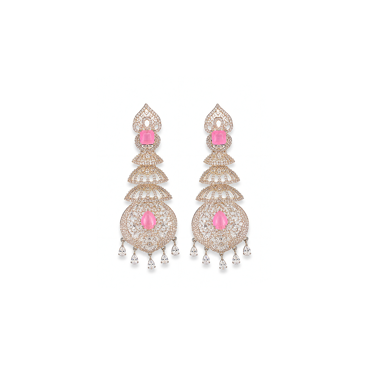 Pink Stone Tiered Chandbali Drop Earrings
