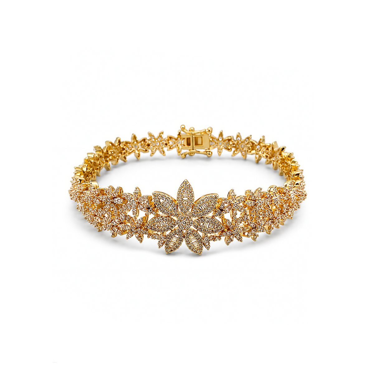 Gold-Plated Pavé Crystal Floral Cluster Statement Bracelet
