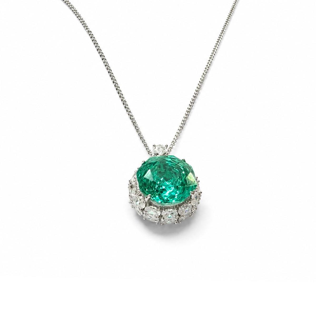 Silver-Plated Green Crystal Pendant Necklace with CZ Halo