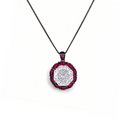 Black Rhodium-Plated Pendant Necklace with Carved White Stone and Ruby Border