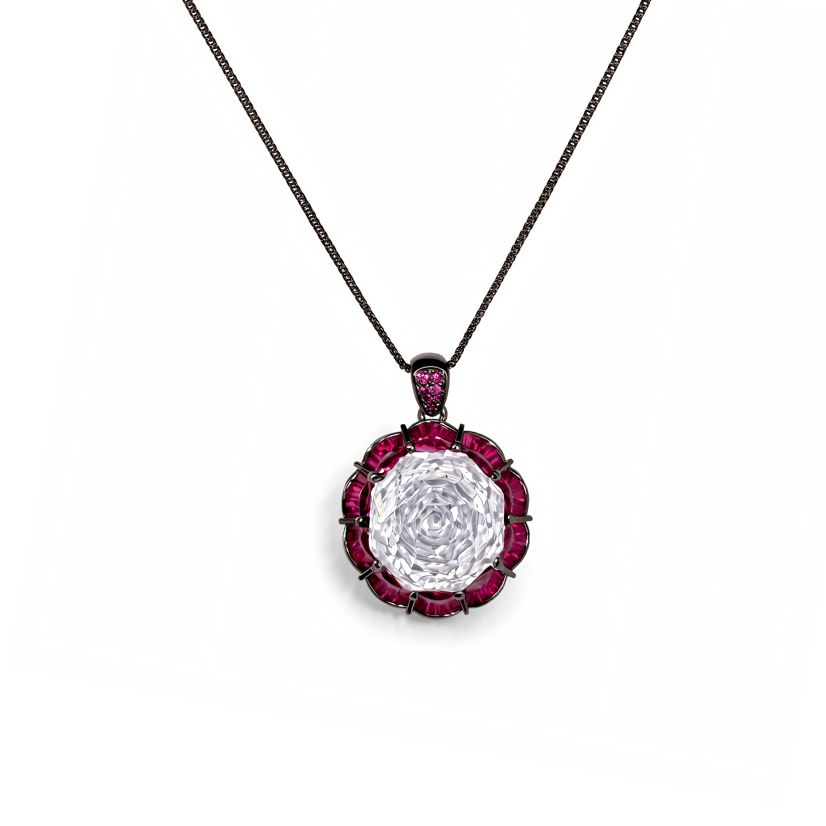 Black Rhodium-Plated Pendant Necklace with Carved White Stone and Ruby Border