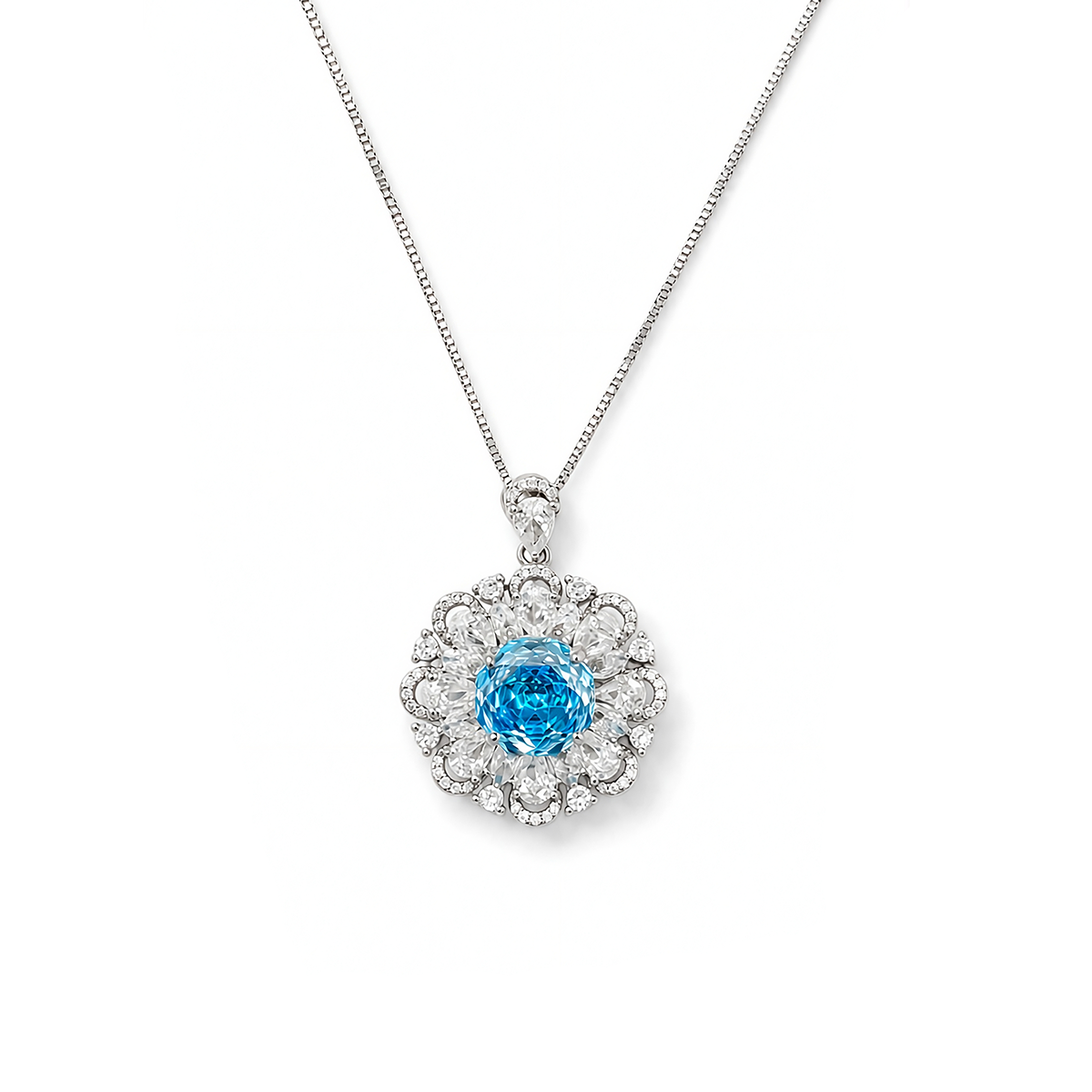 Silver-Plated Blue Crystal Floral Cluster Pendant Necklace