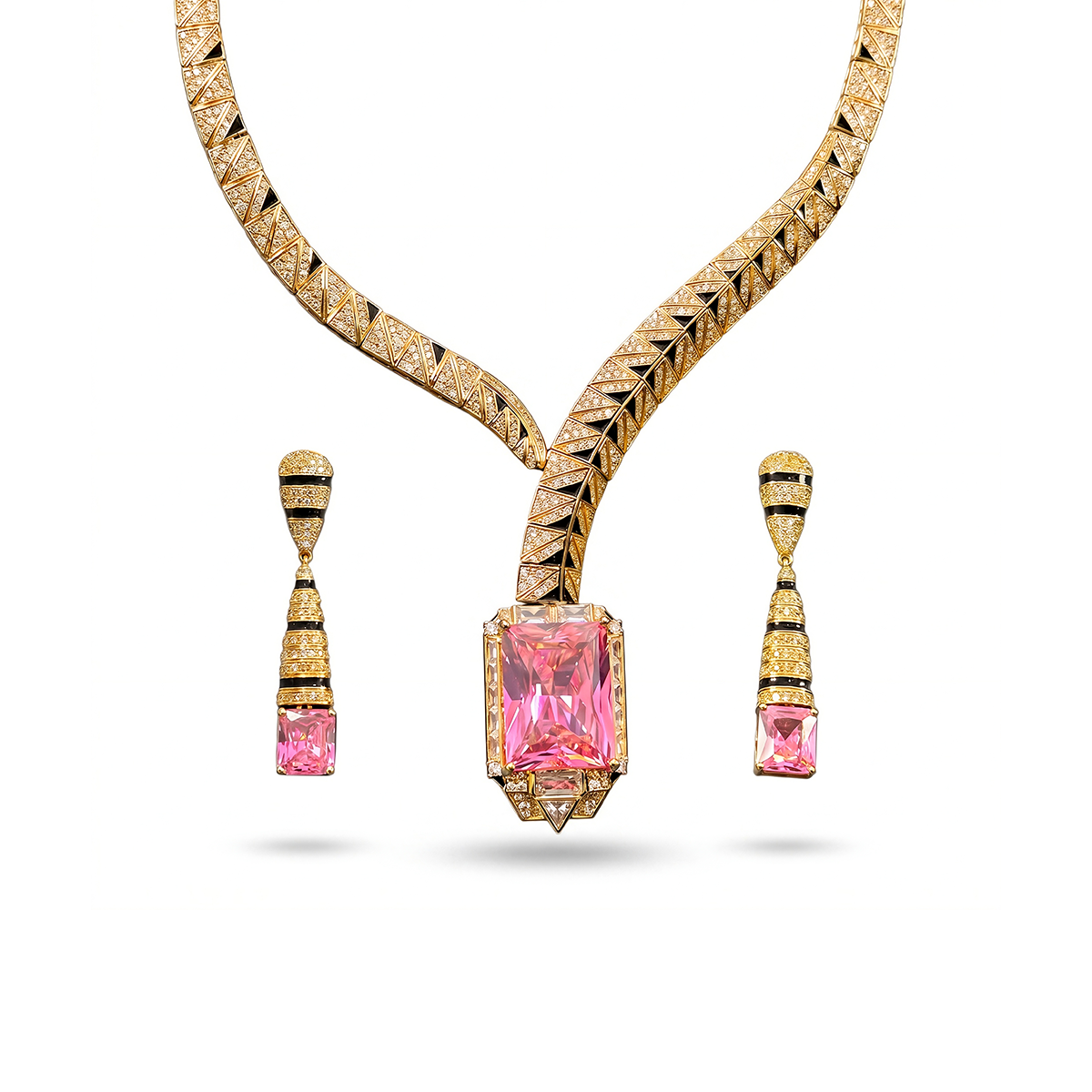 Pave and Black Enamel Geometric Necklace and Earrings Set with Pink CZ Stones