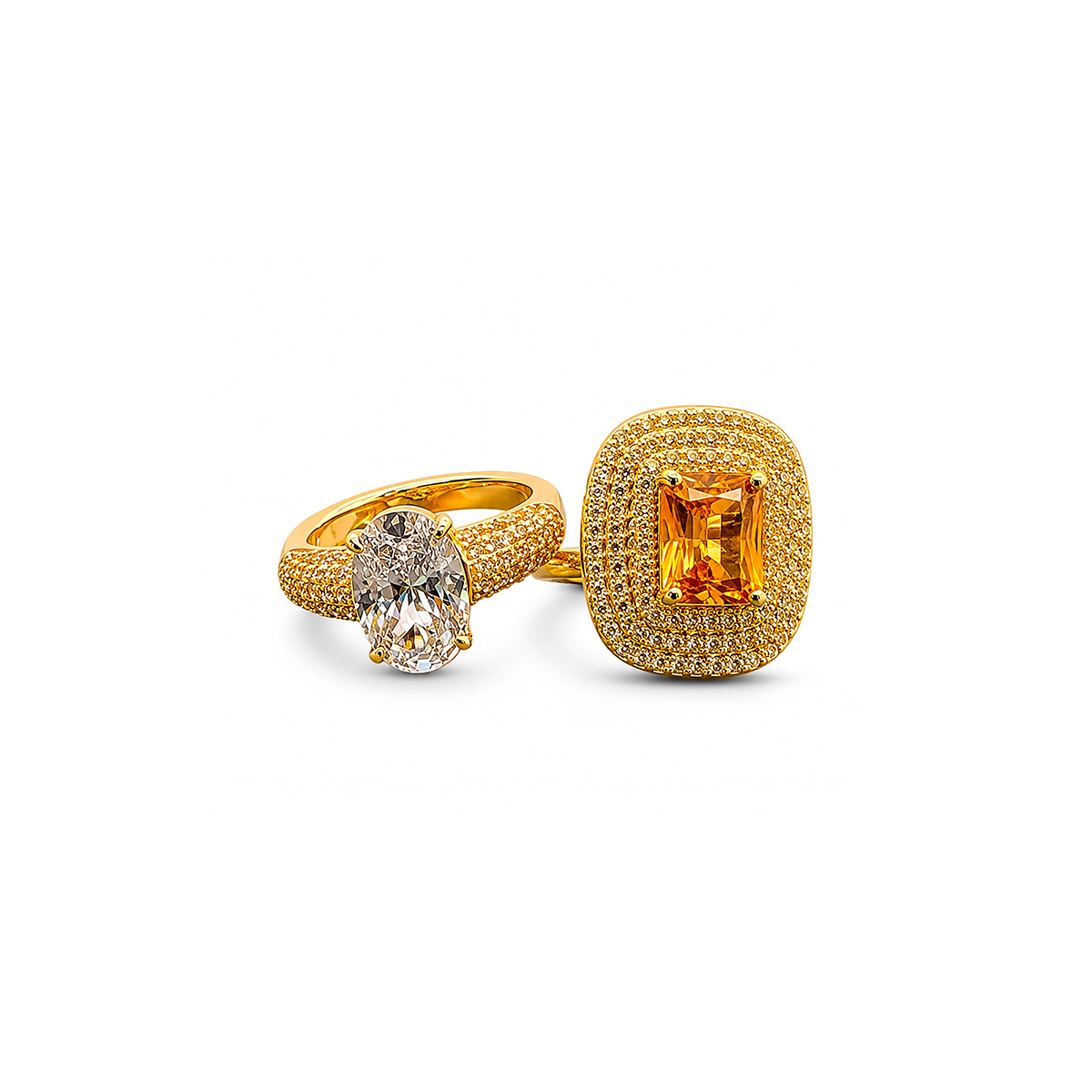 Crystal Oval and Emerald-Cut Double Halo Ring Set