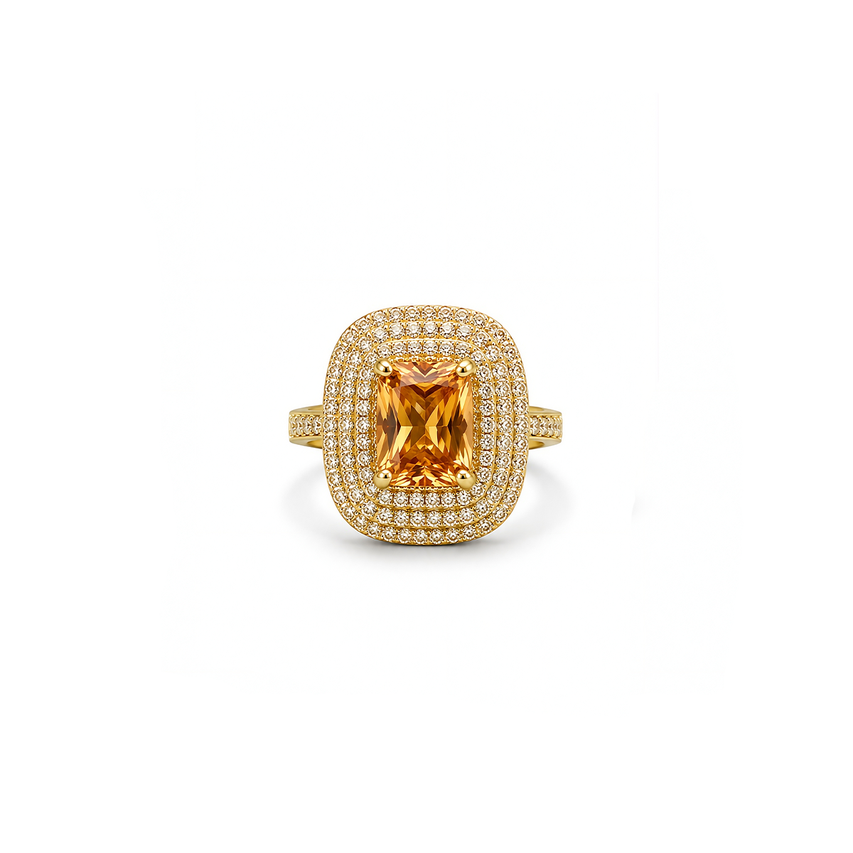 Emerald-Cut Yellow Crystal Double Halo Statement Ring