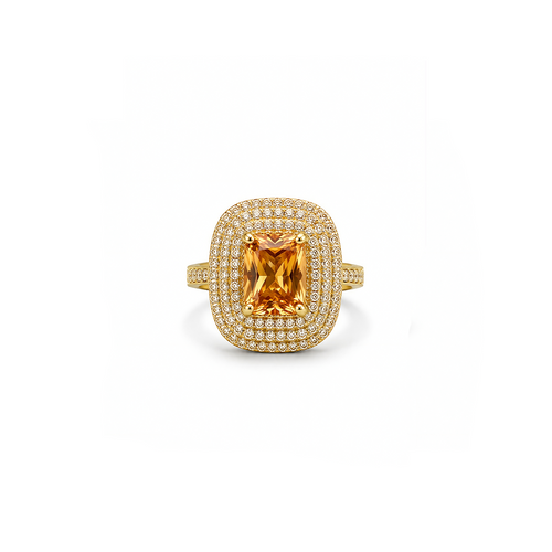 Emerald-Cut Yellow Crystal Double Halo Statement Ring