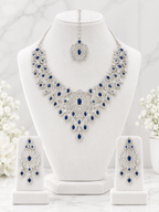 Keeklee Royal Blue Sapphire Silver-Tone Bridal Jewelry Set with Necklace, Earrings & Maang Tikka