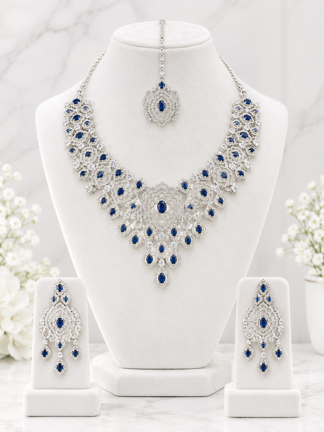 Keeklee Royal Blue Sapphire Silver-Tone Bridal Jewelry Set with Necklace, Earrings & Maang Tikka