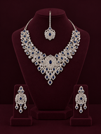 Keeklee Royal Blue Sapphire Silver-Tone Bridal Jewelry Set with Necklace, Earrings & Maang Tikka