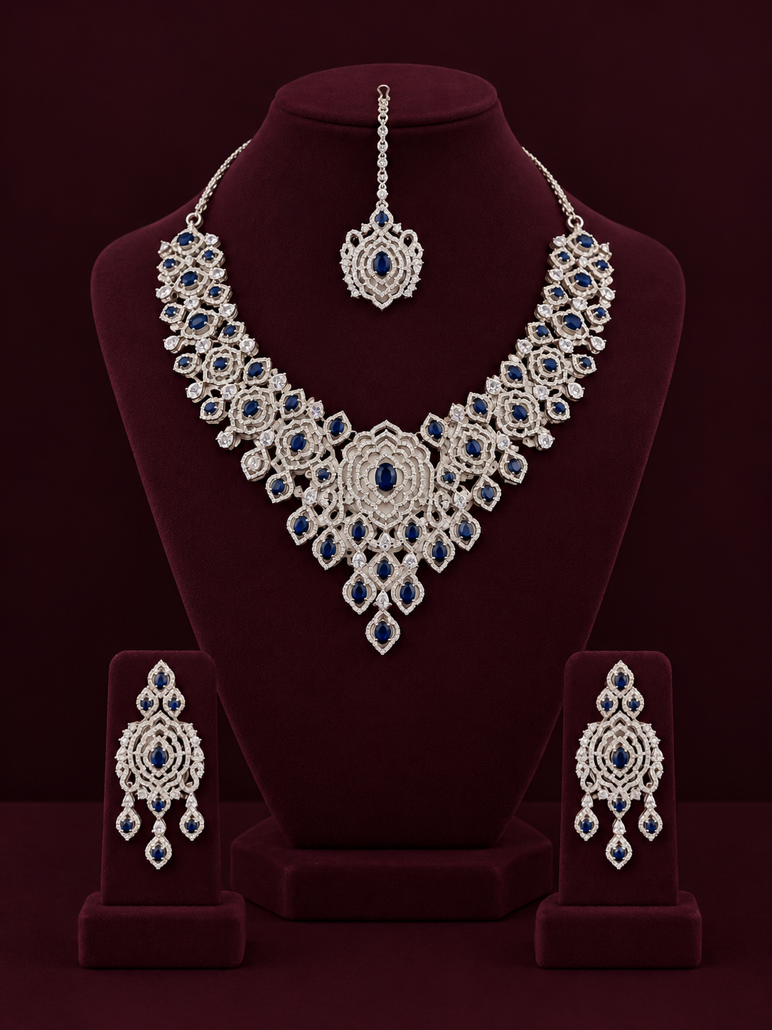 Keeklee Royal Blue Sapphire Silver-Tone Bridal Jewelry Set with Necklace, Earrings & Maang Tikka