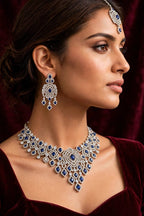 Keeklee Royal Blue Sapphire Silver-Tone Bridal Jewelry Set with Necklace, Earrings & Maang Tikka
