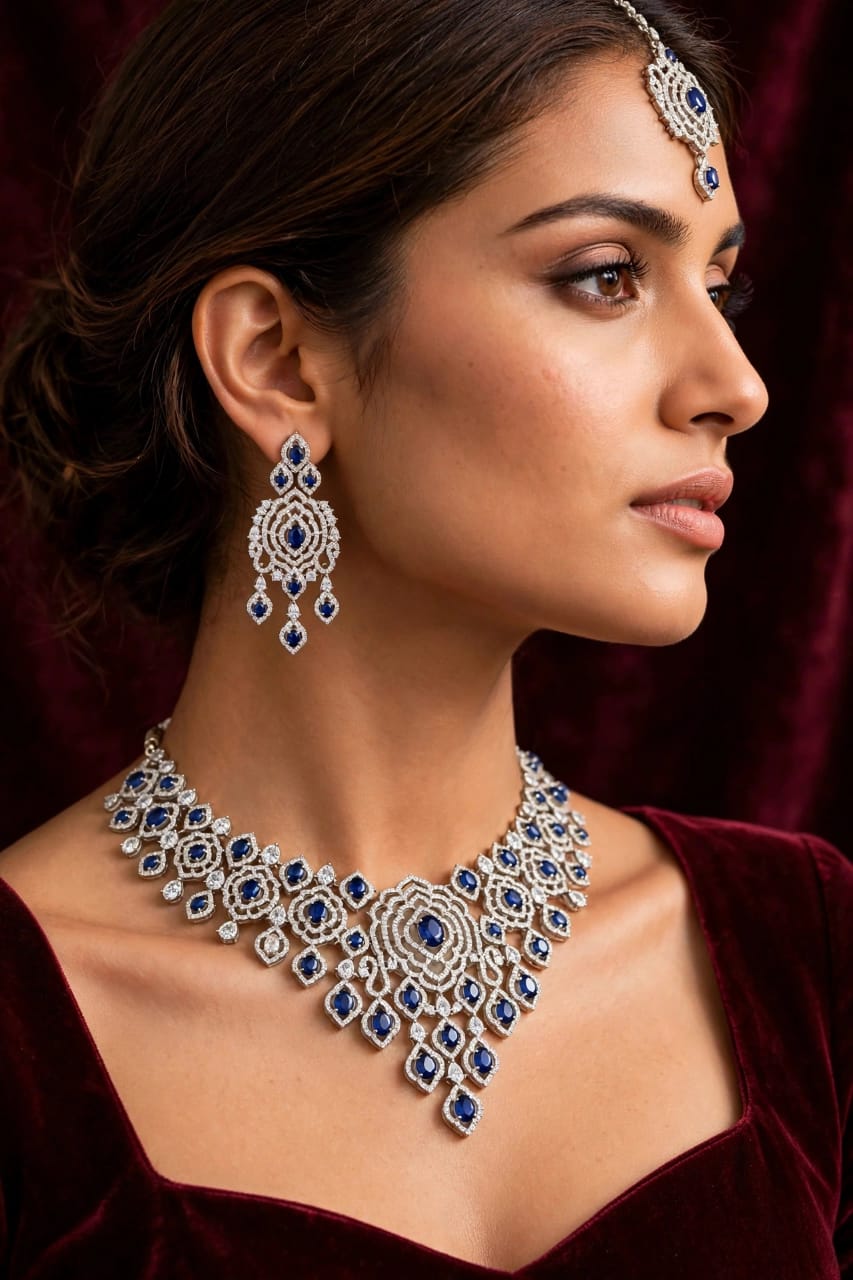 Keeklee Royal Blue Sapphire Silver-Tone Bridal Jewelry Set with Necklace, Earrings & Maang Tikka