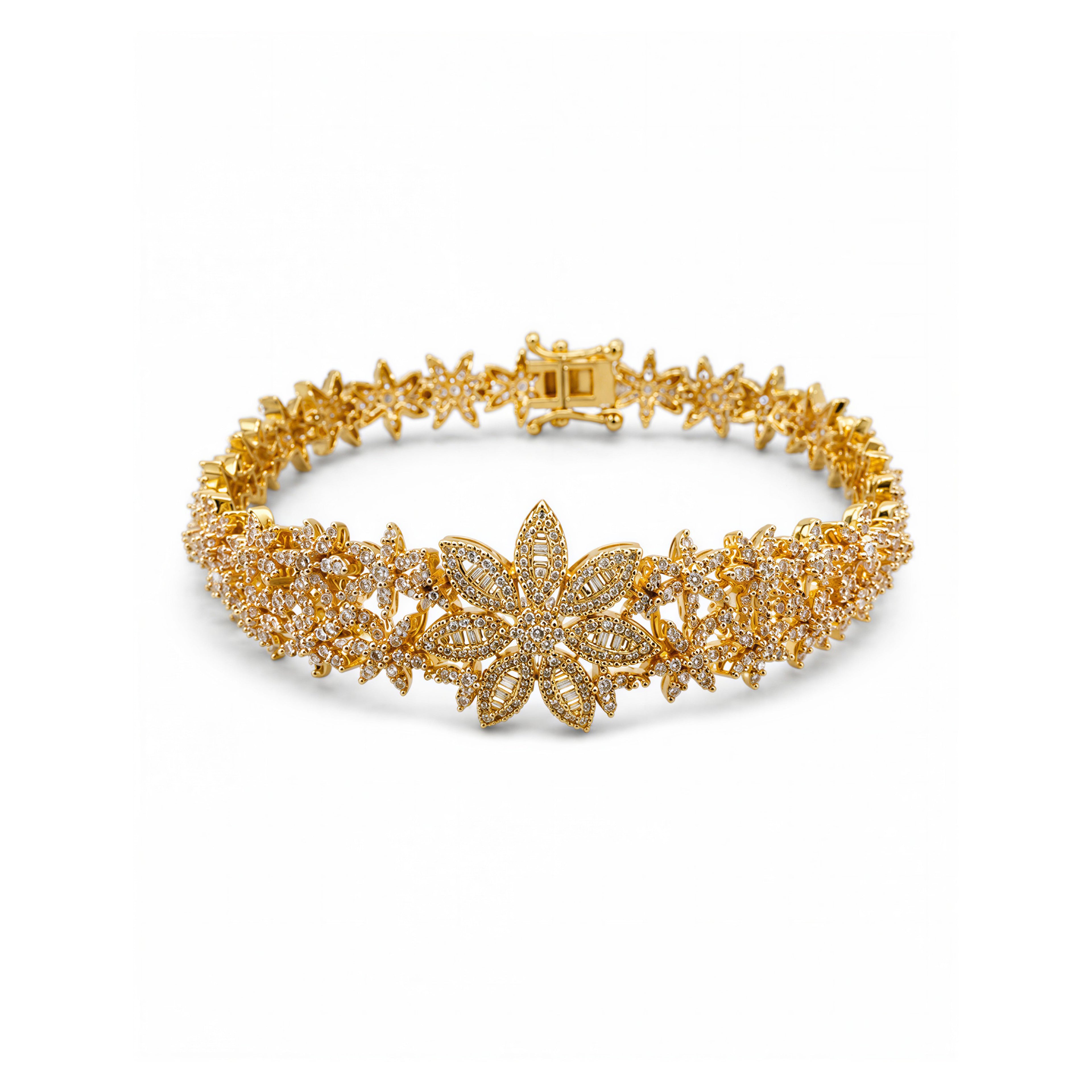 Gold-Plated Pave and Baguette CZ Floral Statement Ring