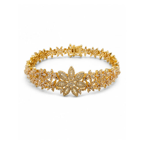 Gold-Plated Pave and Baguette CZ Floral Statement Ring