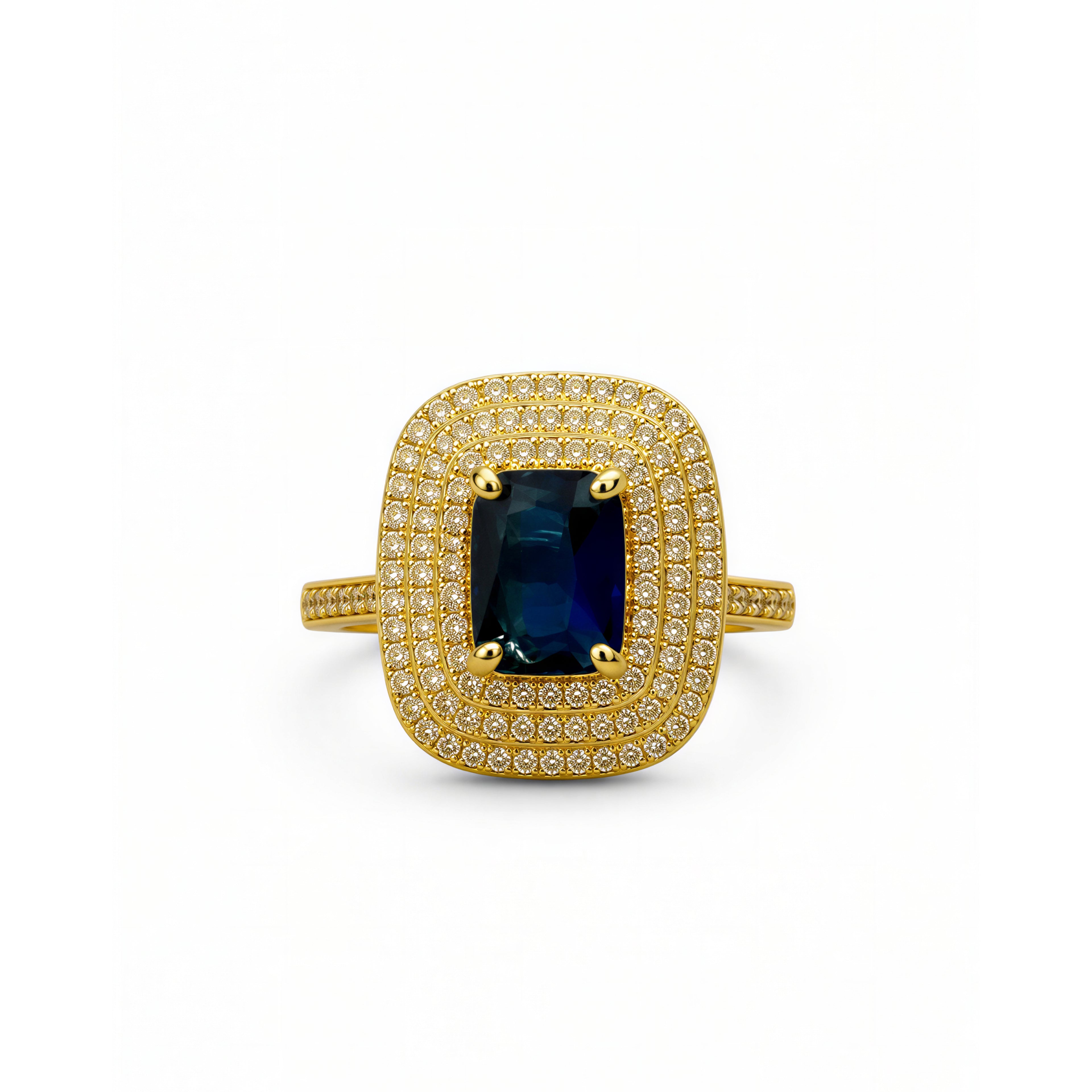 Gold-Plated Cushion-Cut Blue Sapphire Double Halo Statement Ring