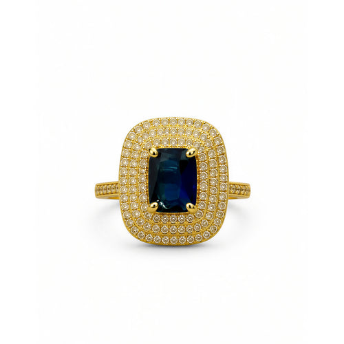 Gold-Plated Cushion-Cut Blue Sapphire Double Halo Statement Ring