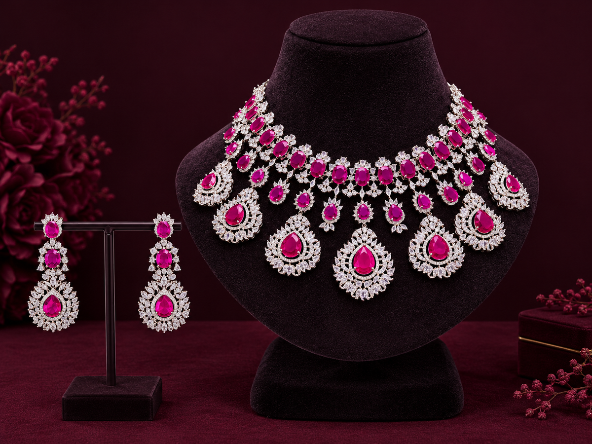 Keeklee Hot Pink Crystal Silver-Tone Bridal Choker Necklace Set with Matching Statement Drop Earrings