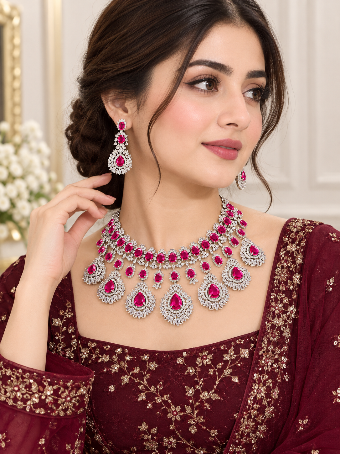 Keeklee Hot Pink Crystal Silver-Tone Bridal Choker Necklace Set with Matching Statement Drop Earrings