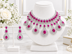 Keeklee Hot Pink Crystal Silver-Tone Bridal Choker Necklace Set with Matching Statement Drop Earrings
